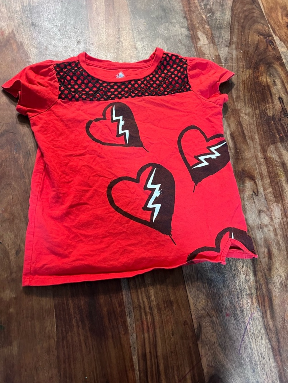 Disney Red Short Sleeve Tee with Black Mesh Yoke and Heart Graphics